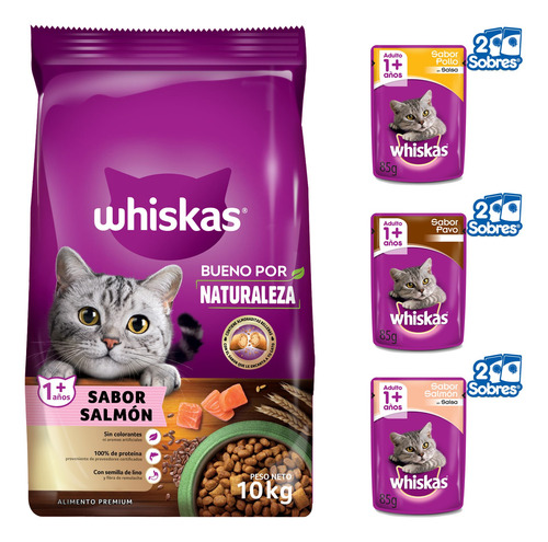 Imagen 1 de 10 de Whiskas Combo Alimento Bueno Por Naturaleza 10kg + Sobres 6u