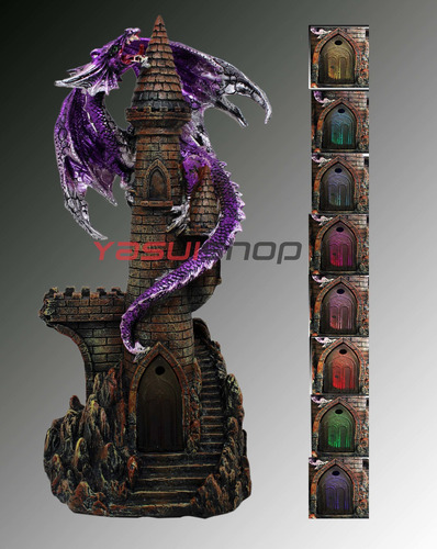 Estatua Enfeite Dragão/castelo Resina C/ Luz Bateria - 30 Cm Cor Violeta