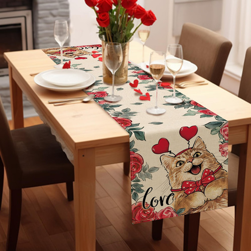 Mantel De Gato Con Corazones Para San Valentín 13x72 Pulgada