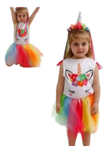 Disfraz Unicornio Tutu Multicolor Vincha Flores Tul T1 2 3 4