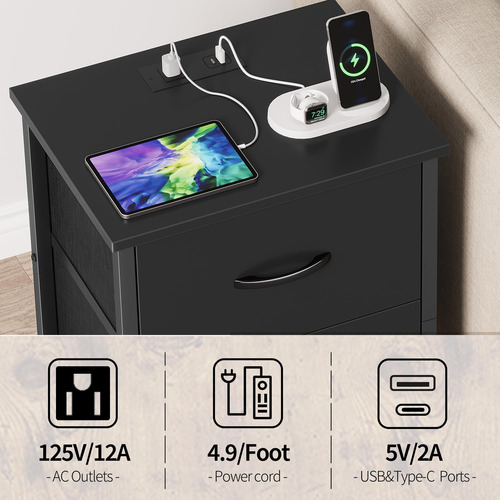 Juego De 2 Mesitas De Noche Con Carga Usb Y 2 Cajones Negro