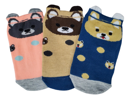 Calcetin Tin Colores Osos Animales Algodón 23-26 Cm 3 Pares