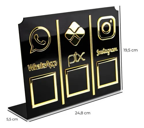 comprar Display Placa 3 Em 1 Whatsapp Pix Instagram Qr Code Preto Preto e Dourado