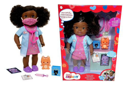 Boneca Bebê Menina Baby Little Mommy Morena Negra Com Cabelo - Quando Eu Crescer Quero Ser Médica Veterinária - Com Acessórios Da Profissão - Mattel Brinquedos