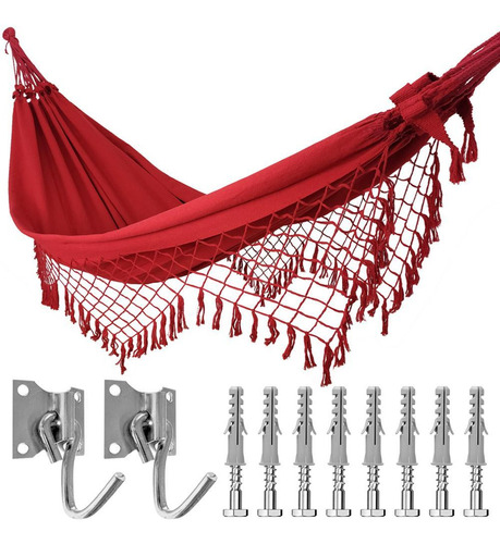 Kit Rede Dormir Casal Vermelha + Ganchos Costura Reforçada