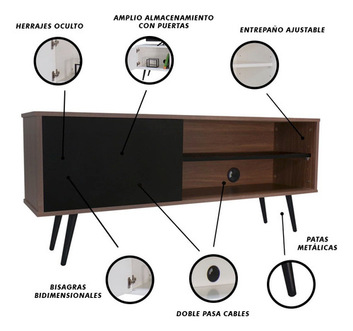 Mueble Para Tv Decomobil Credenza Con Pasacables Color NOGAL NEO | NEGRO MATE