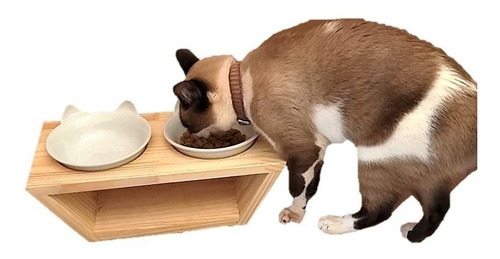 Imagem 3 de 7 de Comedouro Duplo Base Madeira Gato Tigela Porcelana 320ml