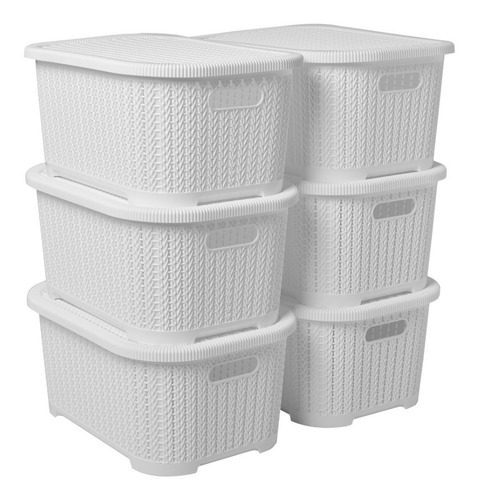 Set De 6 Cajas Organizadoras Simil Rattan Blancas Con Tapa