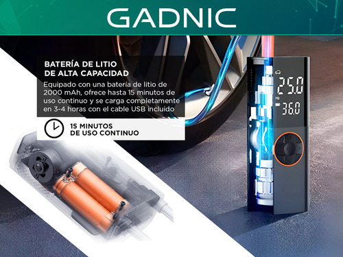 Compresor de Aire Portátil Auto Gadnic Inflador Neumáticos Compre2.0 Color Negro