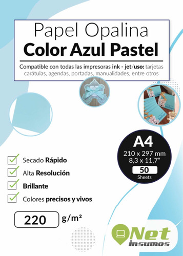 Papel Opalina Color Azul Pastel A4 220 Gr Pack 50 Hojas
