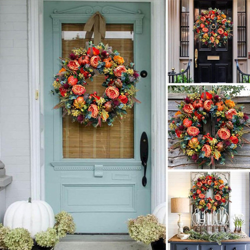 Corona De Peonía Y Calabaza De Otoño Para Puerta De Entrada