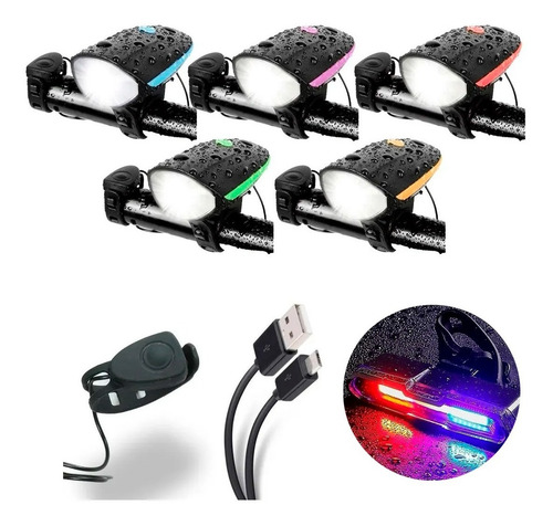 Kit Luz Led Delantera Trasera Bocina Recargable Bicicleta