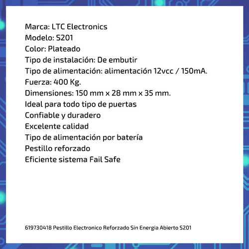 Imagen 6 de 9 de Pestillo Electronico Reforzado Sin Energia Abierto S201
