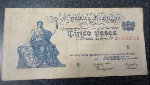 Billete De 5 Pesos Argentina 1950 Retro Numeros En Rojo