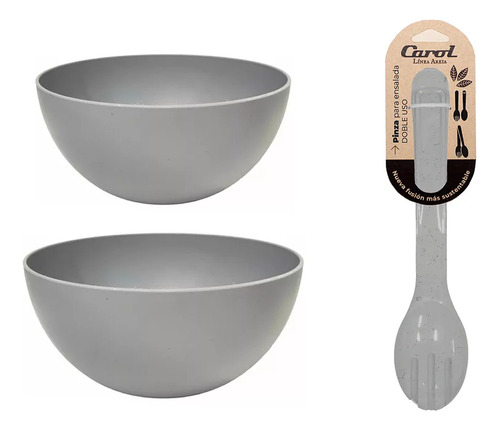 Set X3 Piezas Bowls Ensaladeras Con Pinza Plástico Color Gris Fusion