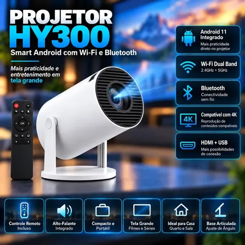 Projetor Portátil HY300 Mini 4K Compatível Android 11 Wi-Fi
