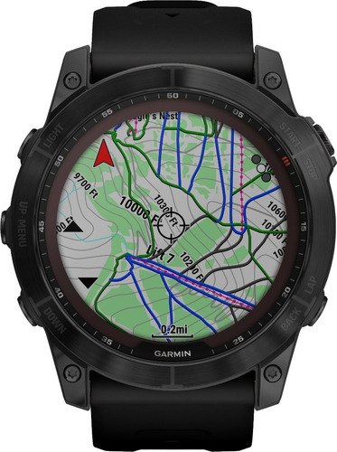 Smartwatch Garmin Zafiro Solar Fenix 7X 1.4" caja 51mm de polímero reforzado con fibra negra, malla negra de silicona y bisel black de titanio y dlc