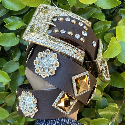 comprar Cinto Country Com Pedraria Fivela Trabalhada Couro Sintético Cor Marrom Tamanho UN