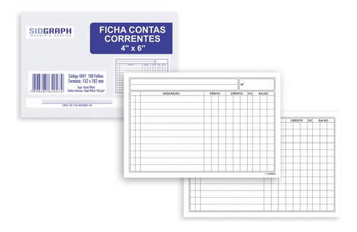 Ficha Conta Corrente 4x6 Bloco C/ 100 Fls Sidgraph 4047 Branco