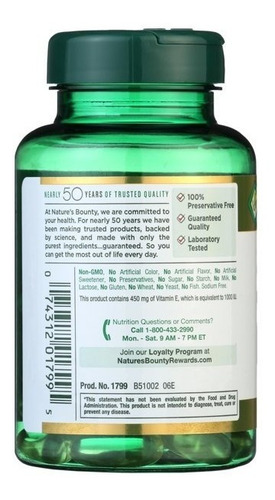 Imagen 3 de 7 de Natures Bounty Vitamina E 450 Mg (1000 Iu) 60 Softgels