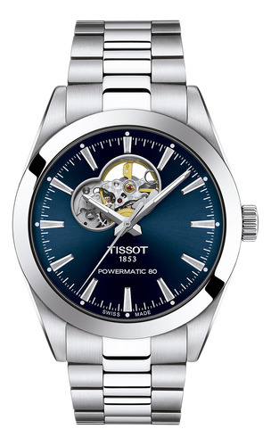 Reloj de pulsera Tissot T127.407.11.041.01, analógico, para hombre, fondo azul, con correa de acero inoxidable color plateado, bisel color plateado y mariposa