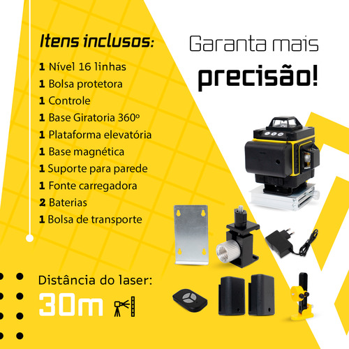 Nível A Laser Verde 16 Linhas Esquadro + Suporte Recarregavel Profissional Prumo 30m Autonivelante Nano Bateria