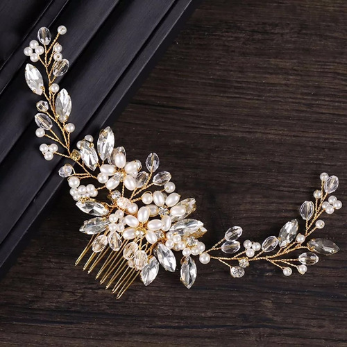 Arranjo Noiva Grinaldas Pérola Dourada Casamento Penteado