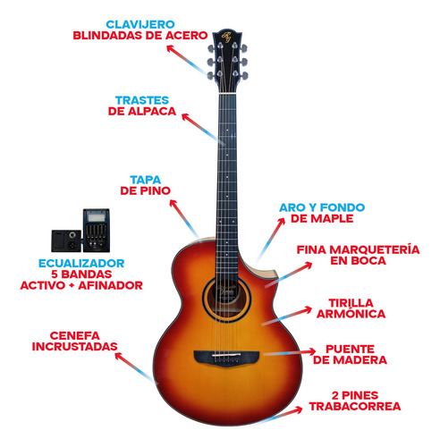 Guitarra Electroacústica Rómulo García LG-350 Ceq 5 Bdas Act Color Naranja Material del diapasón Madera Orientación de la mano Diestro