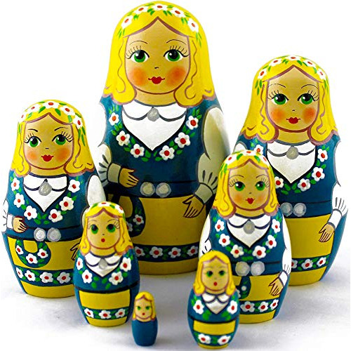 Matreshka Dolls Swedish National Costume Set 7 Pcs - Wooden
