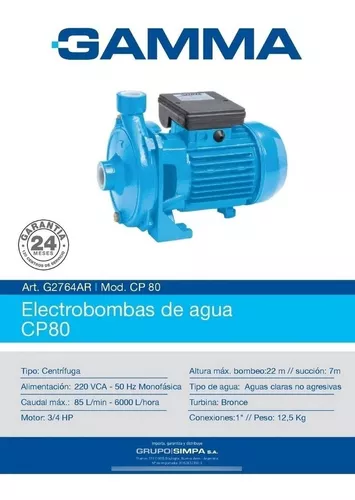 Bomba Agua Centrifuga Gamma Cp80 3/4 Hp G2764ar
