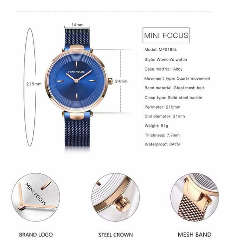 Reloj Pulsera Para Mujer Mini Focus Acero Inoxidable Elegant