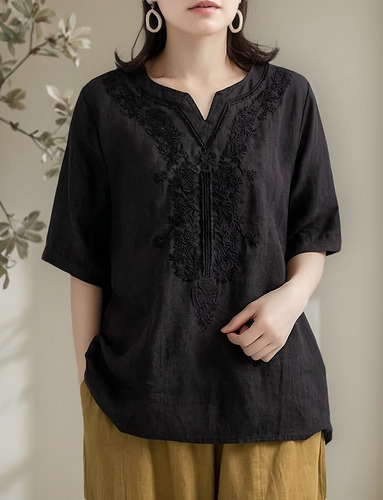 Blusa De Lino Y Algodón Con Cuello En V Para Mujer, Elegante