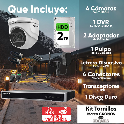 Epcom Kit De 4 Camaras De Seguridad Metalicas Eyeball 8mp Protección Ip66 Para Uso Exterior + Dvr 4ch Turbohd Con Detección De Movimiento Y Salida De Alarma +2tb Hdd Modelo Ev8004e4k-plus-sc+2tb