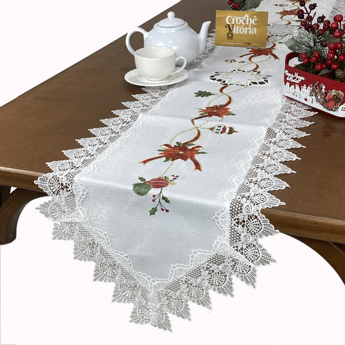 Sendero navideño para mesa, 1,5 m, guippir, bordado navideño, flor navideña
