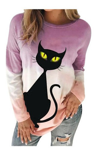 Las Mujeres O-cuello Suelto Gato Mangas Largas Tops Blusa Gr