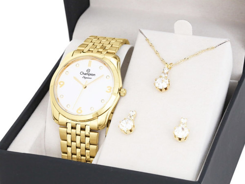 Relogio Champion Feminino Dourado Mostrador Branco Kit Full