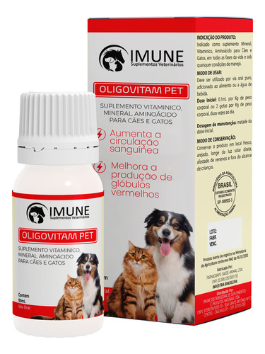 Imune Suplementos Naturais Suplemento Vitaminico Oligovitam Pet 60ml Cães E Gatos Anemia E Metabolismo