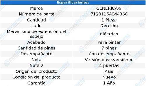Espejo Der Elect P/pintar C/desemp 7 Pines Bmw 320i 01-04