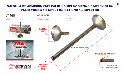 Valvula De Admision Fiat Palio 1.3 Mpi 8v 98-06-siena 1.3 Mp