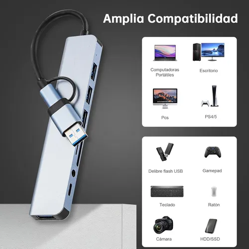 Hub Adaptador Portátil Usb C 8 Puertos Hdmi Tipo C Sd Plug
