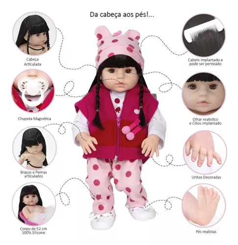 Boneca Tipo Reborn Realista de Silicone Menina + 20 Itens