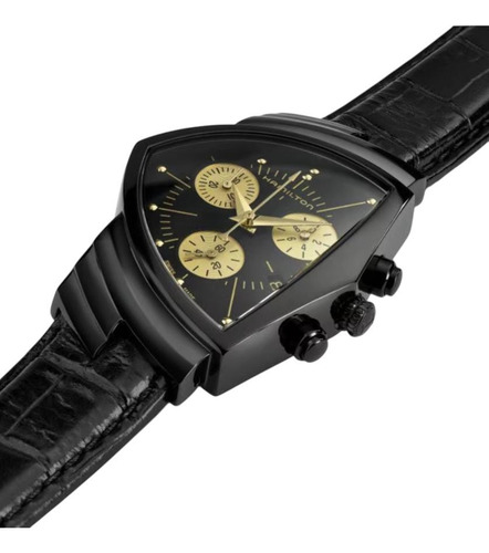 Reloj Hamilton Ventura L Chrono Quartz Unisex H24402730 Correa Negro Bisel Negro Fondo Negro