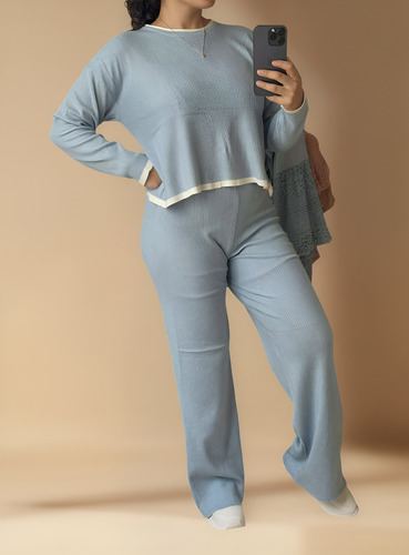 Conjunto Pants Mujer Moda Pants Completo Tiro Alto Unitalla Azul Claro Unitalla