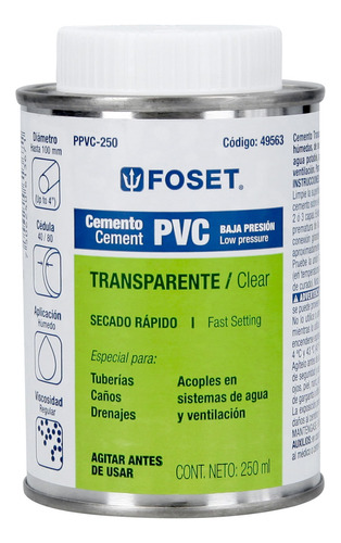 Cemento Para Pvc En Bote De 250ml Baja Presión Foset