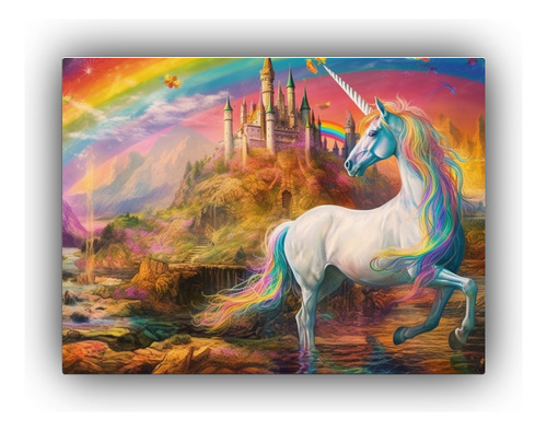 75x50cm Cuadro Unicornio En Paisaje Mágico Y Colorido