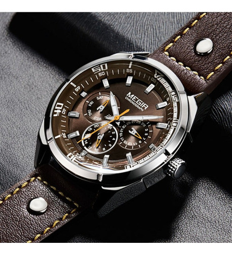 Reloj De Negocios Con Cronógrafo Luminoso De Cuero Megir Color Del Fondo Café