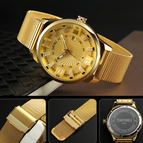 Reloj Analógico Skmei Quartz Calendar Para Hombre Correa Dorado Fondo Blanco