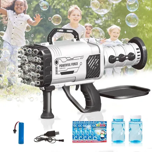 Máquina De Burbujas Con Forma De Girasol – Pistola Automática Con Luces LED, Incluye 10 Sobres De Concentrado Y Batería Recargable