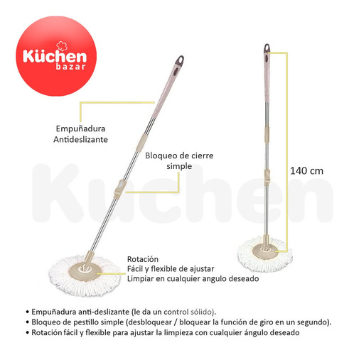 Imagen 4 de 10 de Balde Mopa Centrífuga Acero Lampazo Giratorio Con 3 Repuestos De Microfibra Ultra Absorbente Trapeador Pisos - 6 Cuotas