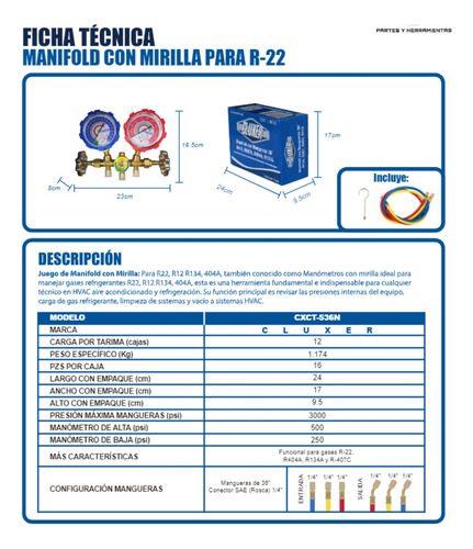 4 Manifold Con Mirilla Para R22, R12 R134, 404a Cxct-536n